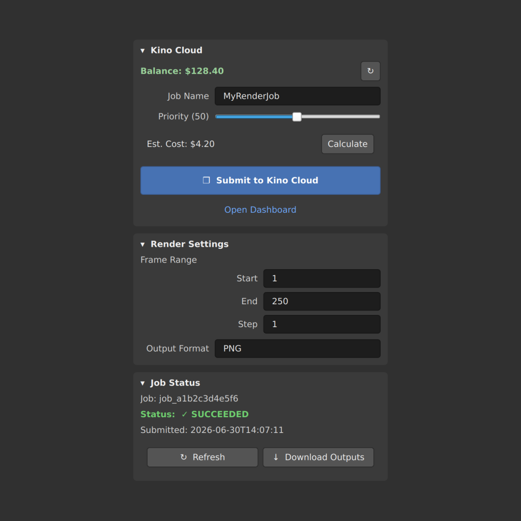 KinoCloud Blender add-on showing render submission settings